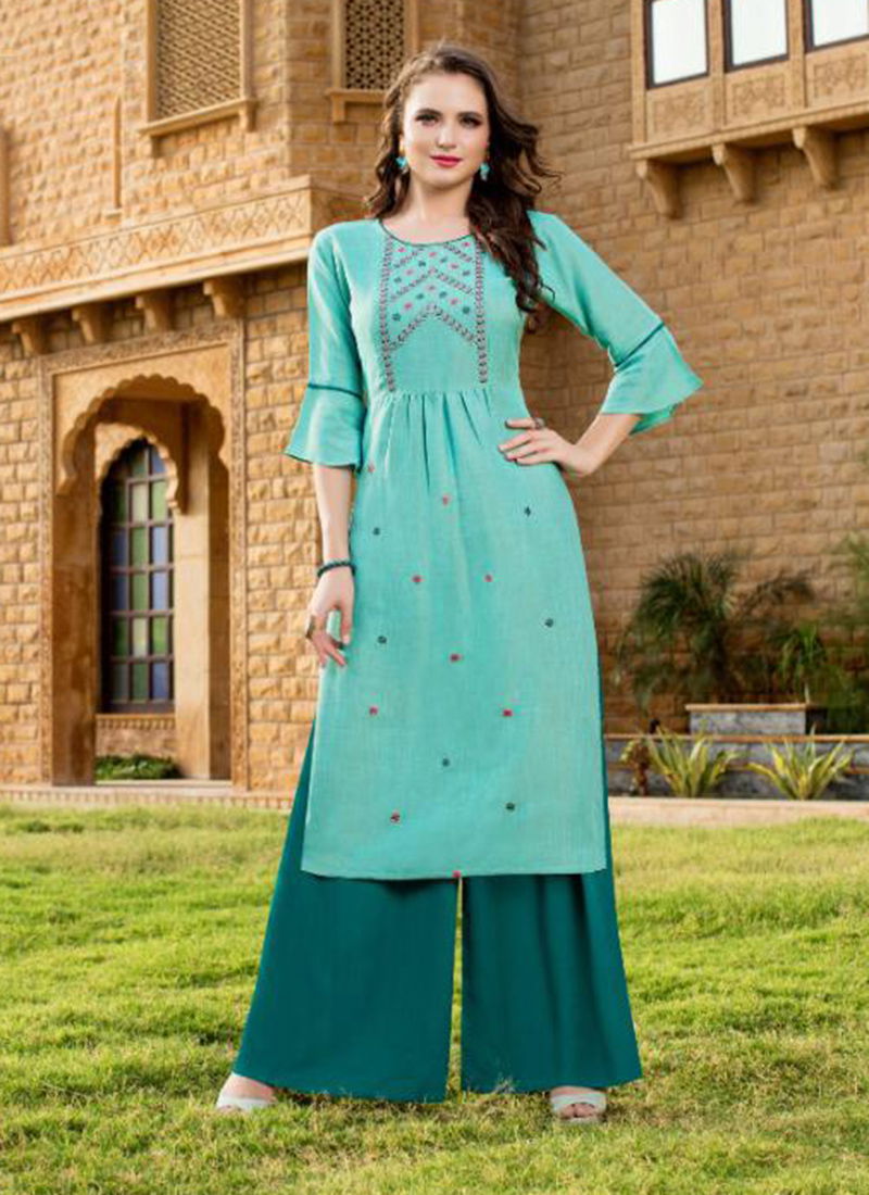 Meraki vol 4 heavy Reyon with Plazzo Embroidery Designer Kurtis Collections